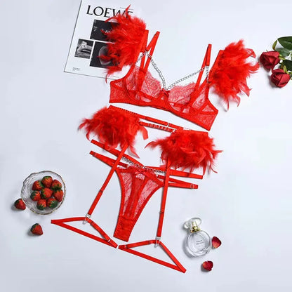 Sexy Lace G-String Lingerie Set - Feather Detail Trikini with Metal Chain and Garter Belt