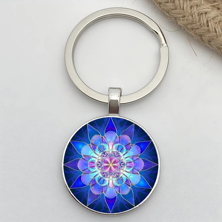 Retro Mandala Flower Yoga Keychain – Buddhist Chakra Glass Car Keyring for Men & Women Spiritual Jewelry Gift Accessory