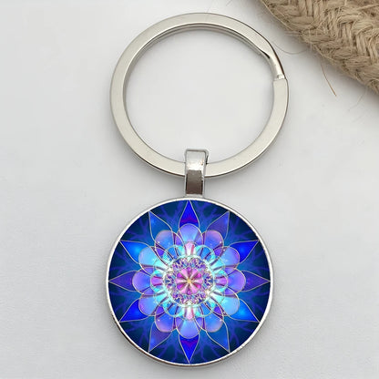 Retro Mandala Flower Yoga Keychain – Buddhist Chakra Glass Car Keyring for Men & Women Spiritual Jewelry Gift Accessory