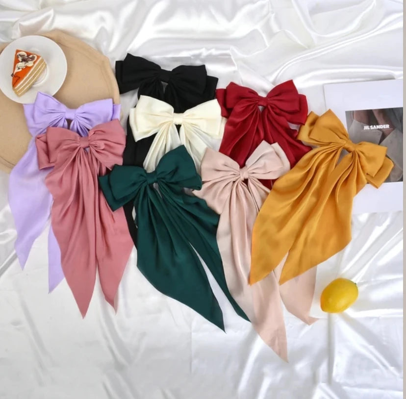 8 Ladies Satin Ribbon Bow Hair Clips – Oversized White, Pink, Red, Blue, Black Long Tail, Spring Clip for Ponytail Hair Accessories