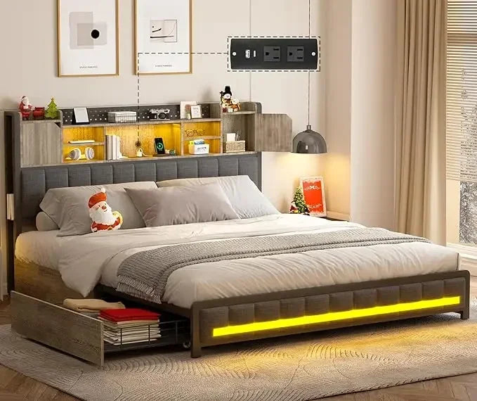 Queen Bed Frame with 4 Storage Drawers – Upholstered LED Bed with Bookcase Headboard, Type-C & USB Charging Station