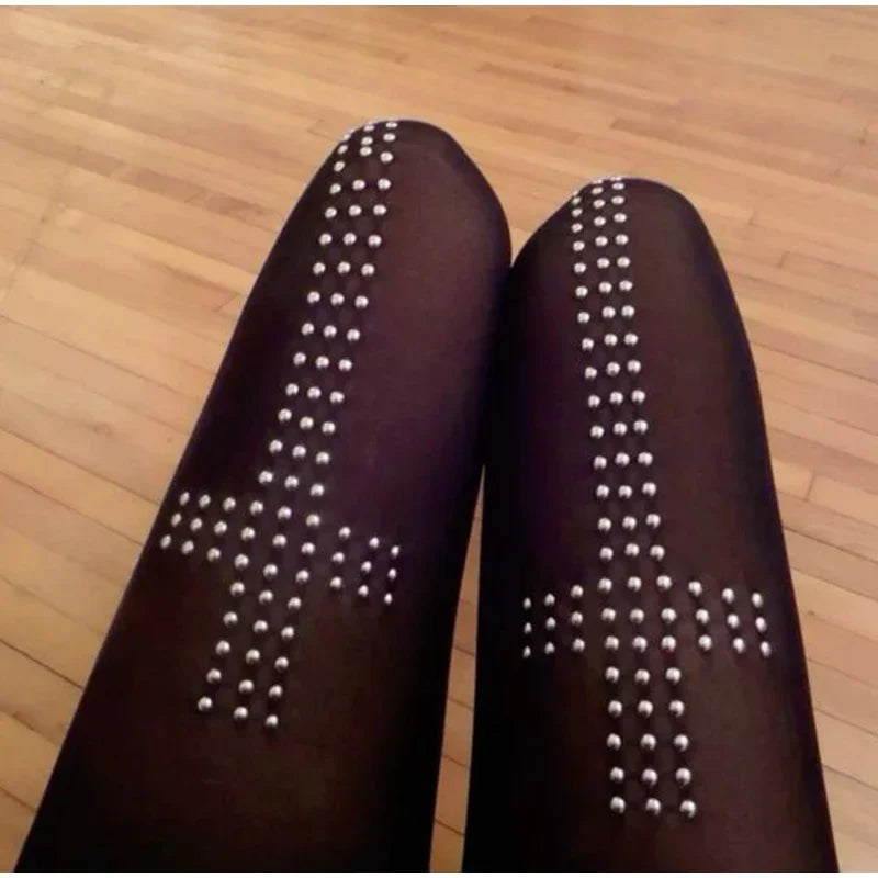Retro Cross Print Stockings - Y2K Women's Stretch Hip-Hop Streetwear Socks for Casual & Cosplay Looks