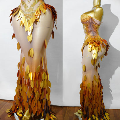 3D Gold Feather Rhinestone Split Dress - Evening Dance, Catwalk & Stage Performance Outfit
