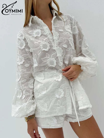 Oymimi Women’s Summer 2-Piece Cotton Set – White Jacquard Button Shirt & High Waist Shorts Casual Outfit for Women