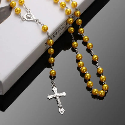 Vintage Crucifix Cross Necklace – Jesus Rosary Beads Chain with Virgin Mary Pendant Religious Jewelry Charm for Men & Women