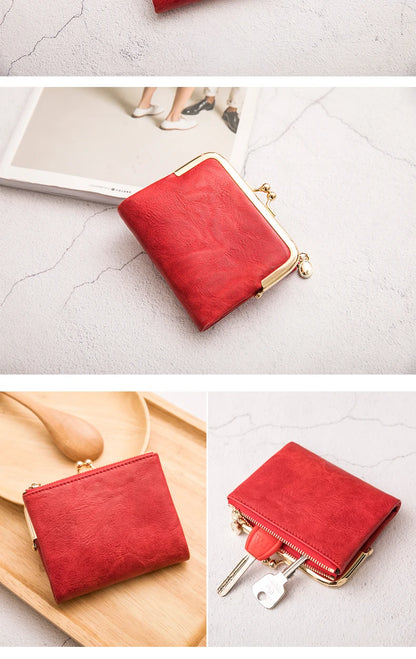 MIYIN Women’s Small Wallet – RFID Compact Bifold Leather Coin Purse with Zipper & Kiss Lock, Vintage Design
