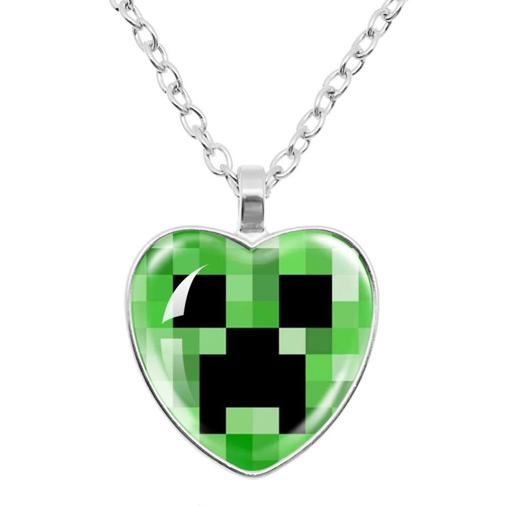 Funny Pixel Block Cartoon Pendant Necklace – 25mm Glass Heart-Shaped Charm, My World Theme Jewelry Gift