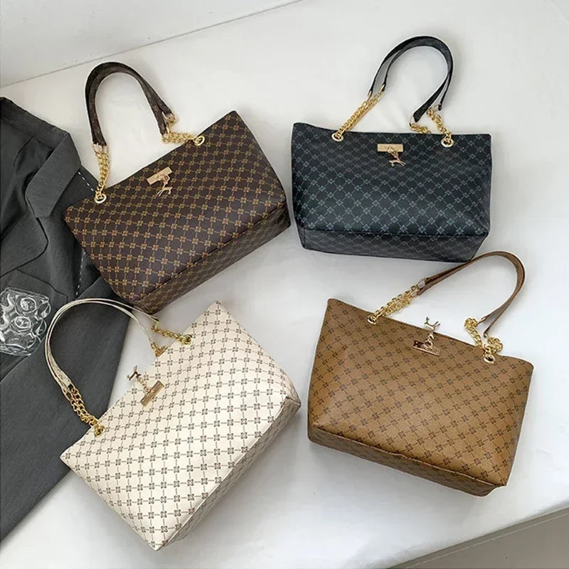 Women’s Large Capacity PU Leather Handbag — Fashion Tote Bag with Textured Design and Hanging Accessories