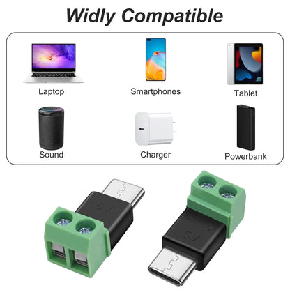 USB-C to 2-Pin Terminal Adapter - Solderless Screw-Type 5V Charging Connector, Green, 1–4 Pack