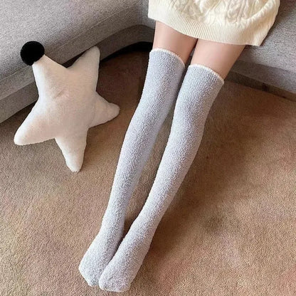 Winter Warm Coral Fleece Thigh High Socks for Women - Plush Over-Knee Long Socks, Soft and Cozy for Home and Sleep