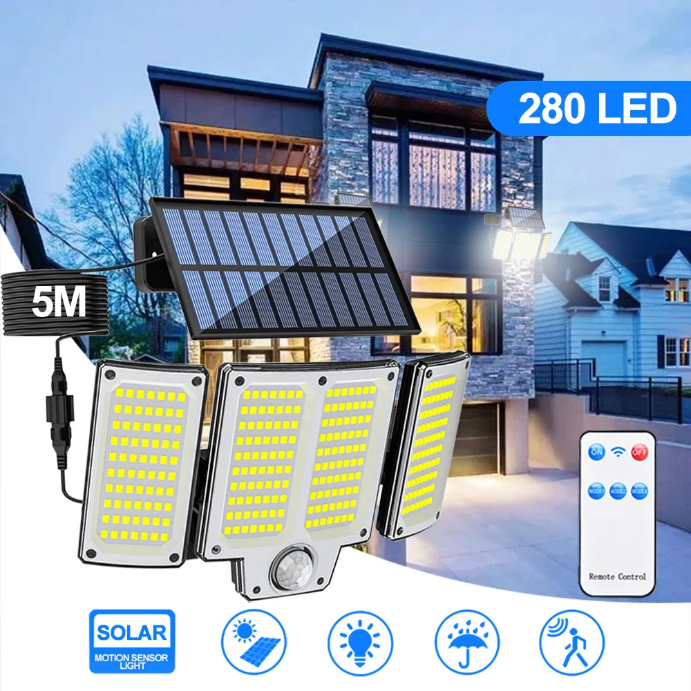 Solar LED Motion Sensor Security Flood Light, 226–280 LED IP65 Waterproof Outdoor Split Wall Lamp with 3 Lighting Modes