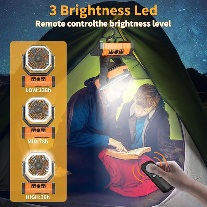 20000mAh Portable Rechargeable Fan — Battery-Operated Desk & Camping Fan with LED Light & Hook for Tent, Car, and Outdoor Trips