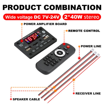 Bluetooth 5.0 MP3 Decoder Board - 80W Dual-Channel Amplifier Module with USB, TF Card, FM Radio, and 12V Support