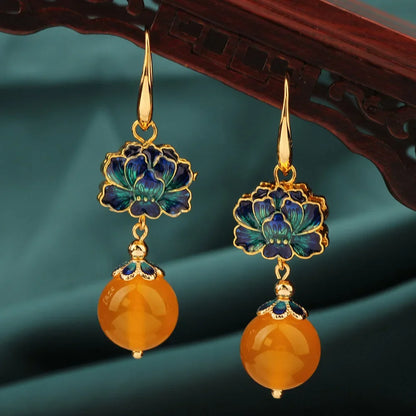 Vintage Flower Drop Earrings - Natural Stone Ethnic Jewelry for Women