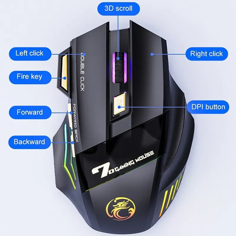 IMICE GW-X7 Wireless Gaming Mouse | 3200DPI, Dual Mode, Rechargeable, 7 Keys, Silent, Bluetooth, 7-Color LED