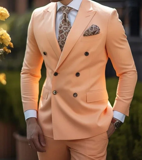 Men's Brown Double Breasted Suit - Slim Fit Peaked Lapel Formal Blazer & Trousers Set For Business and Wedding Wear