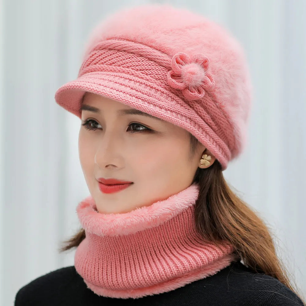 Women's Winter Hat and Scarf Set - Faux Fur Lined Knitted Cap with Flower Detail for Warmth and Style