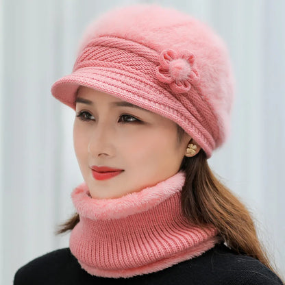 Women's Winter Hat and Scarf Set - Faux Fur Lined Knitted Cap with Flower Detail for Warmth and Style