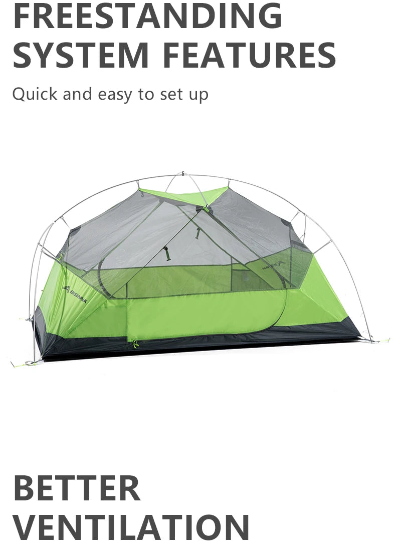 BISINNA 2-Person Ultralight Camping Tent – 20D 380T Nylon, Double Layer Waterproof Backpacking Tent for Hiking & Travel with Free Mat