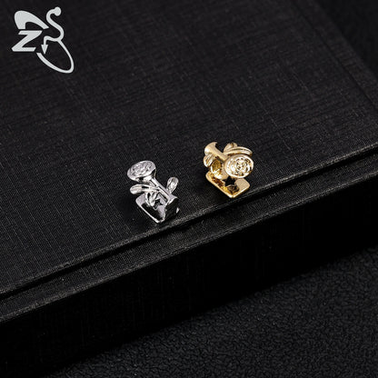 ZS Hip Hop Grillz – Silver/Gold Plated CZ Crystal Cross & Rose Star Tooth Cap, Top & Bottom Set