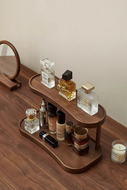 2-Tier Bamboo Makeup & Cup Organizer – Wooden Vanity Rack for Coffee Mugs, Counter & Kitchen Storage