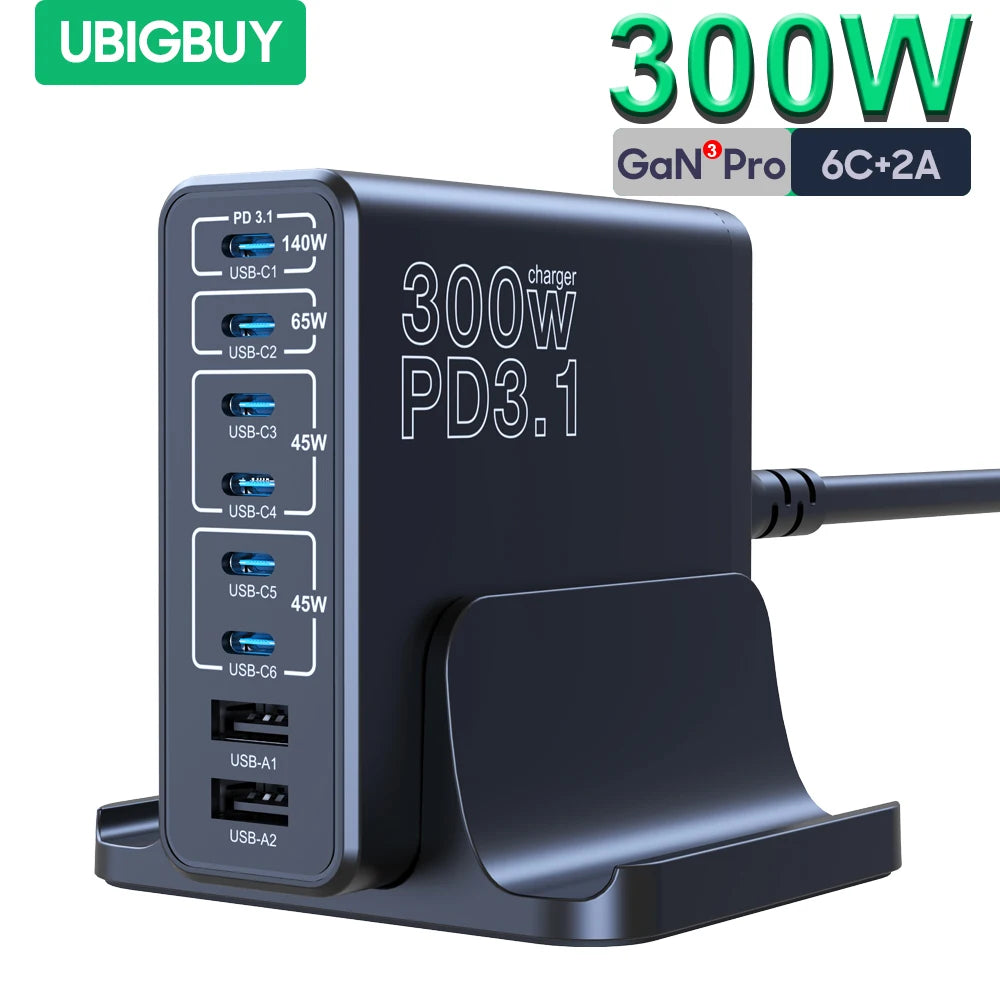 Ubigbuy 300W Multi-Port GaN Charger - USB-C 140W PD 3.1 & PPS 100W Charging Station for MacBook Pro M2, iPhone 15/14, Galaxy