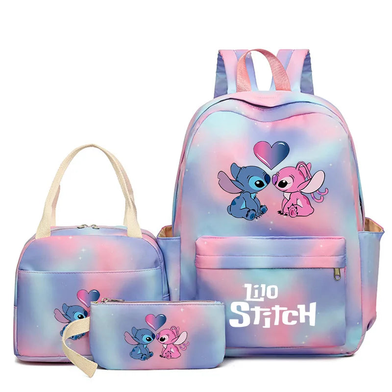 3Pcs Lilo & Stitch School Backpack Set – Colorful Cartoon Bookbag with Lunch Bag for Kids & Teens