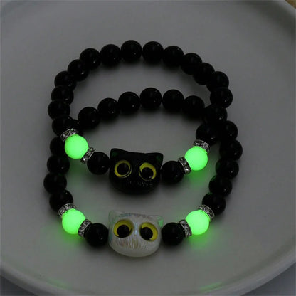 Luminous Cat Matching Bracelets for Couples | Glow-in-the-Dark Black & White Friendship Bangles | Cute Gift for Him & Her