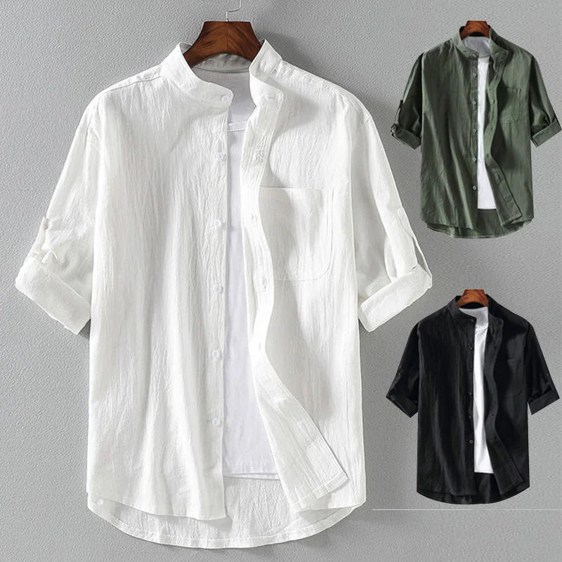 Men’s Stand Collar Short Sleeve Shirt - Spring Summer Casual Mid-Sleeve Plus Size Fashion Top