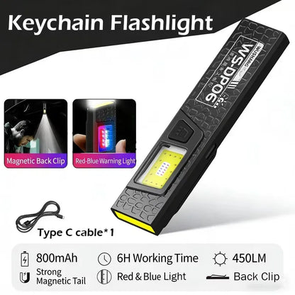 Mini COB LED Keychain Flashlight - USB C Rechargeable Waterproof Pocket Work Light for Camping, Walking & Outdoor Use