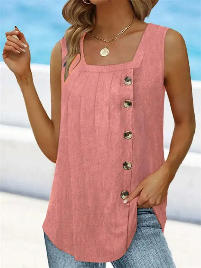Summer Women’s Pleated Square Neck Tank Top – Sleeveless Swallowtail Button Blouse for Casual Wear
