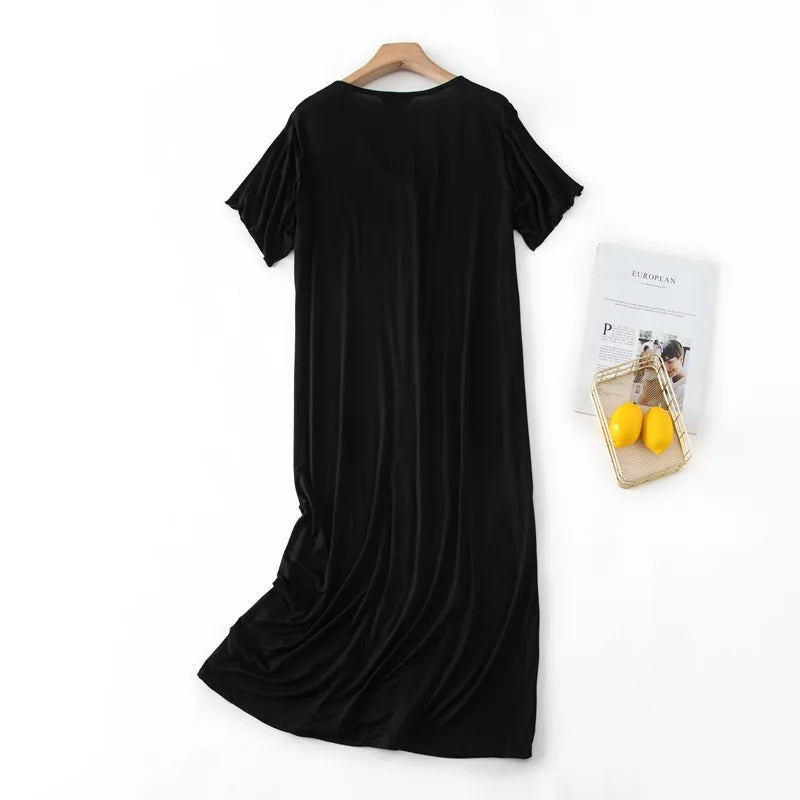 Women’s Modal Short-Sleeve Night Dress – Mid-Length Cotton Sleep Top with Buttons, Plus Size Pajamas