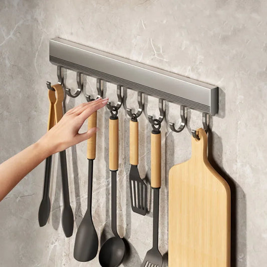 Wall Mounted Hooks Rack | Punch-Free Kitchen Utensils Storage Row Hook Holder | Multi-Purpose Bathroom Robe Towel Coat Hangers