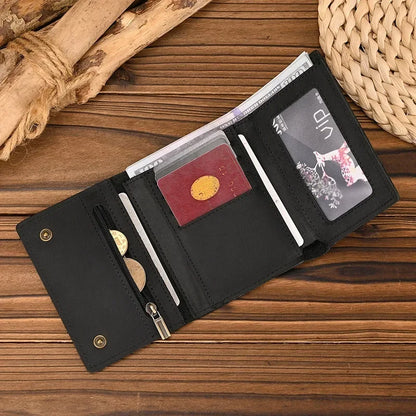 Men's Genuine Leather Short Wallet with Chain – Zipper Clutch, Trifold Purse, Card Holder & Coin Purse for Men