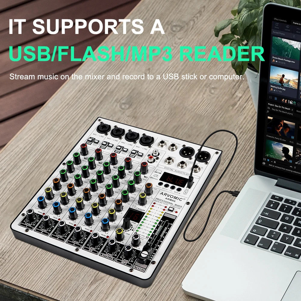 ARVOMIC 6 Channel DJ Audio Mixer – USB Interface, Bluetooth, 16 DSP Effects, 3-Band EQ (ARMX-6)