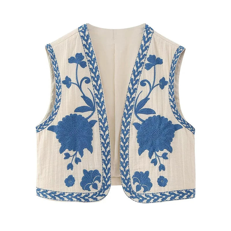 KEYANKETIAN Women's Vintage Floral Embroidered Open Waistcoat – National Style Vest Jacket, Casual Vacation Crop Top