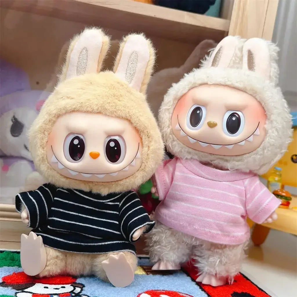Doll Clothes Outfit for 15-17cm Labubu & 10cm Cotton Dolls – Striped T-Shirt & Shorts Set