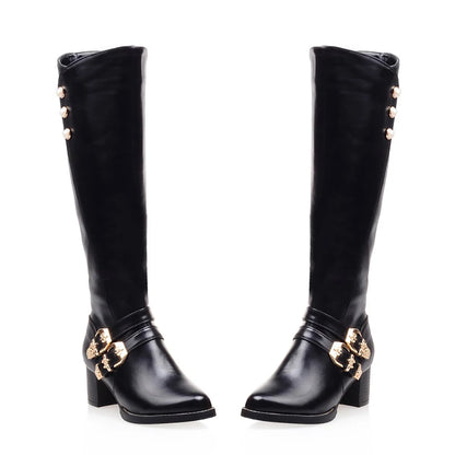 Women's Knee High Riding Boots - Winter Glamour Brown Red Chunky Heel Fashion Boots Plus Size Footwear