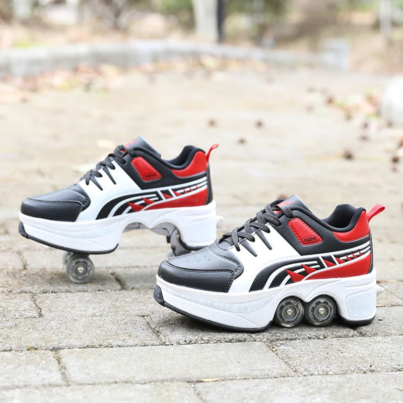 Dual Purpose Roller Skates Shoes - Adjustable Double Row 4-Wheel Deformation Roller Sneakers for Kids & Teens Size 33-44