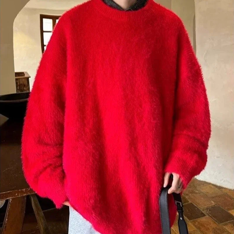 Men's Autumn Fluffy Knit Sweater - Loose Warm Korean Style Y2K Vintage Winter Pullover