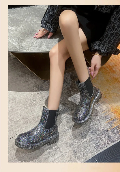 Women’s Shiny Color Fashion Rain Boots – Four-Season Waterproof Mid-Tube Ankle Outdoor Shoes