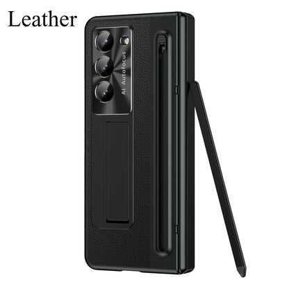 Slim Leather Case with Touch Pen for Samsung Galaxy Z Fold 6/5/W25/4/3 – Plated Hinge & Full Screen Protector Cover