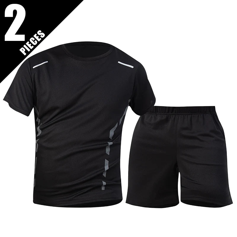 Men’s 2-Piece Summer Sports Set – Quick-Dry Breathable Short Sleeve T-Shirt & Pocket Running Shorts