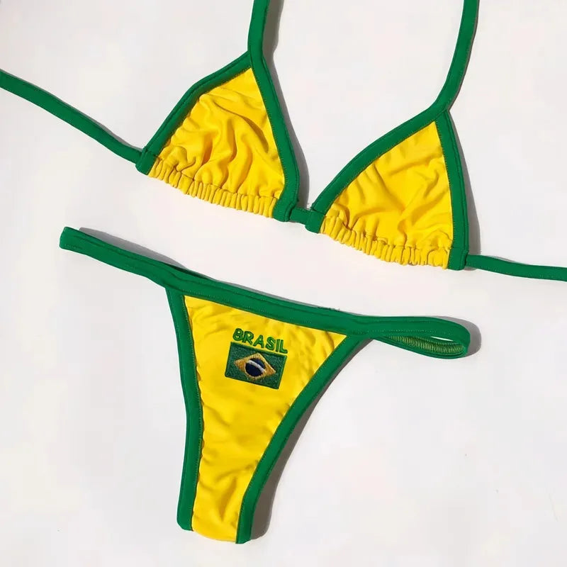 Women’s Brazil Flag Embroidery Bikini Set – Contrast Split Patchwork Swimsuit, Sexy Summer Beachwear Outfit