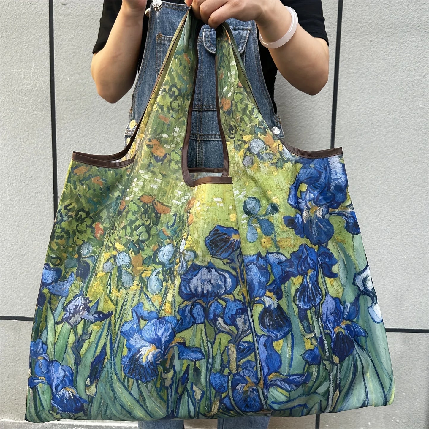 Chic Iris Flower Large Foldable Tote Bag – Lightweight Nylon Reusable Shopping Bag with Shoulder Strap, Machine Washable Travel Grocery Handbag