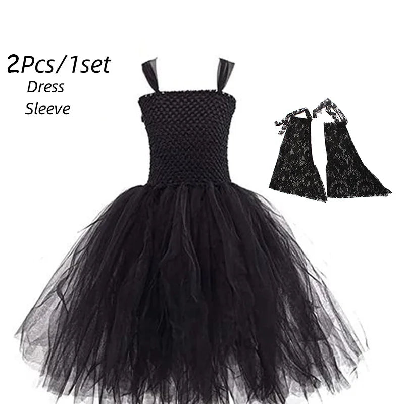 Girls’ Evil Queen Tutu Dress - Handmade Black Mesh Princess Halloween Cosplay Costume