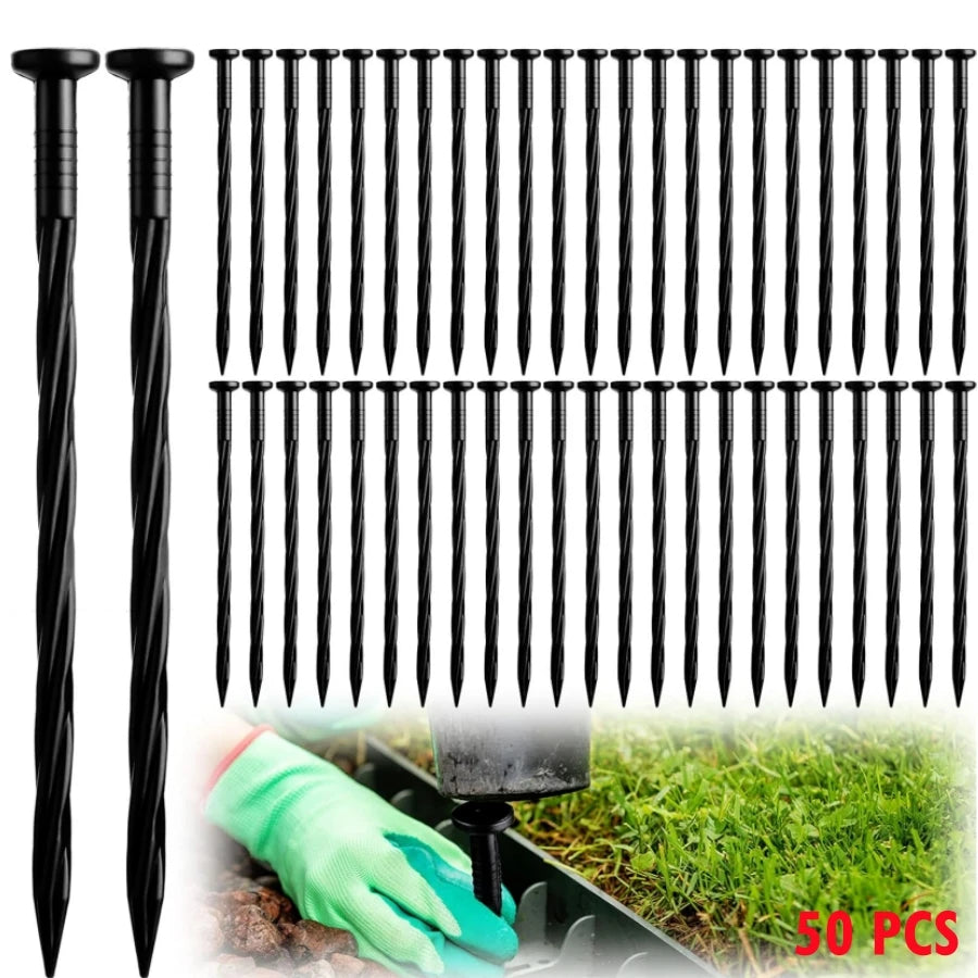 50PCS Plastic Lawn Stakes - 20cm Landscaping Anchoring Spikes for Garden Edging and Weed Barriers