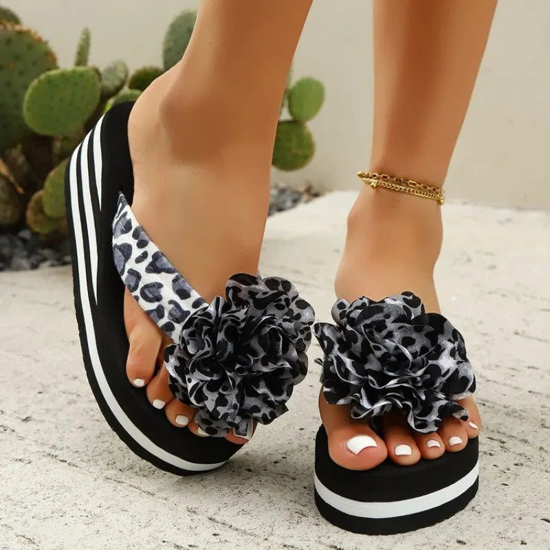 Women’s Leopard Floral Wedge Sandals - Soft Comfortable Summer Beach Slippers