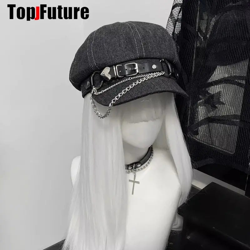 Custom Harajuku Gothic Lolita Beret Hat – Y2K Punk Lace Bow Cap for Women, Handmade Decorative Sun Hat