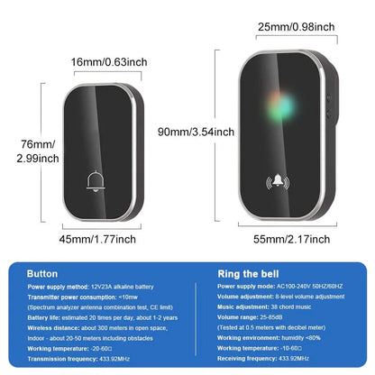 Wireless Smart Doorbell – 36 Ringtones, 300M Long Distance, Outdoor House Door Chime Kit, Battery-Free Welcome Bell